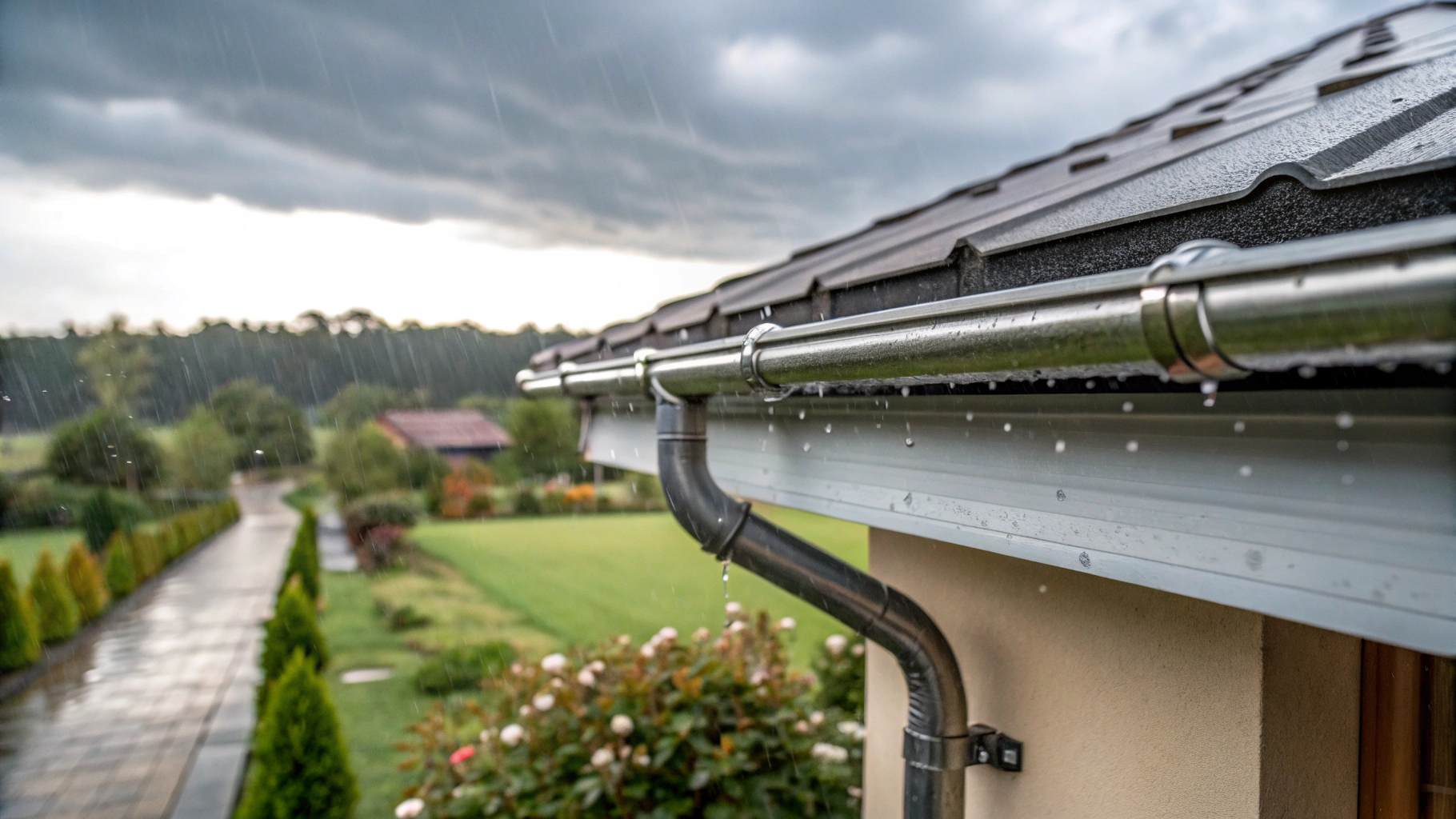 High-capacity gutter system installed on a cornice